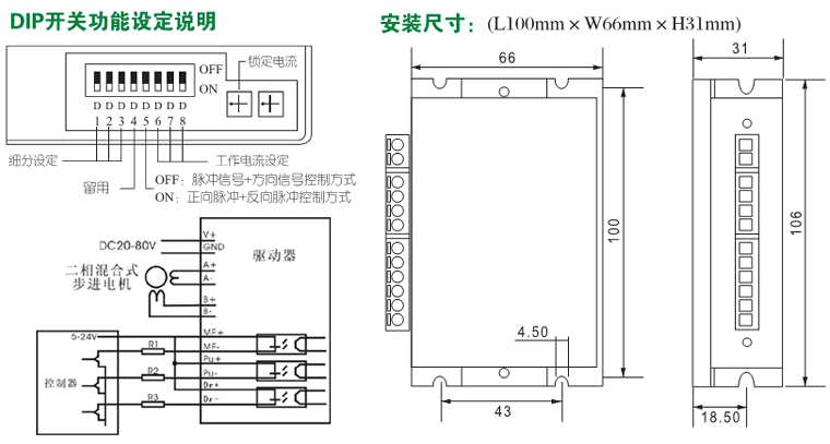 特性: 高性价比,工作发热温度低,定位精度高; 步进脉冲停止超100ms线圈电流自动减半; 光电隔离信号输入; 最高响应频率300Kpps; 双极恒流斩波方式; 过热,过压,错接保护; 2、4、8、16、32、64细分可选择; 驱动电流从1A/相到4A/相组合可调; 单电源输入,电压范围:DC20-80V; 脉冲加方向控制.